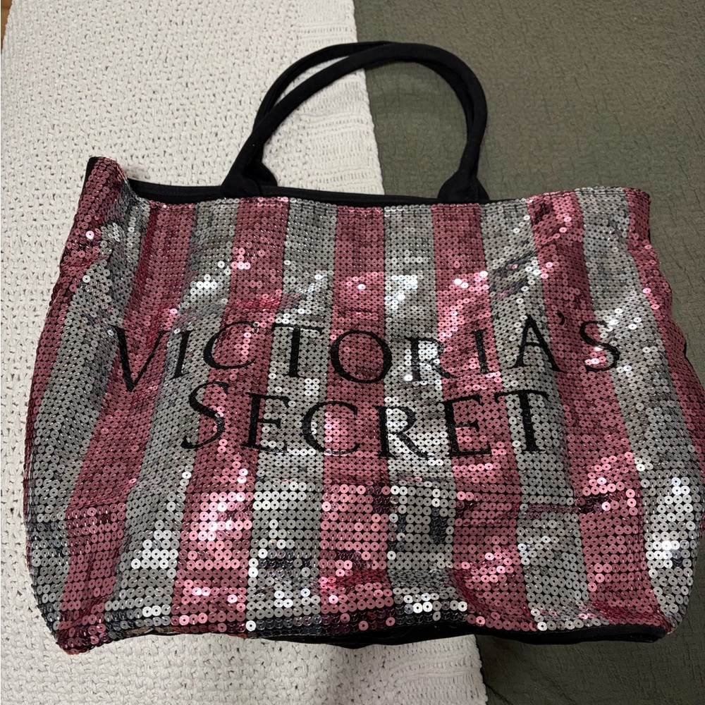 Victoria's Secret Pink & Silver Sequin Stripe Tote